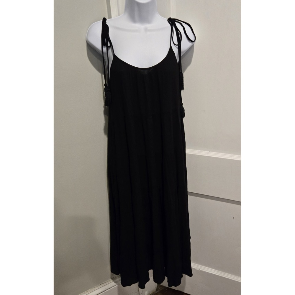 Illa Illa Black Flare Tassel‎ Ties at Shoulder Tiered Gauzy Maxi Sundress Size M